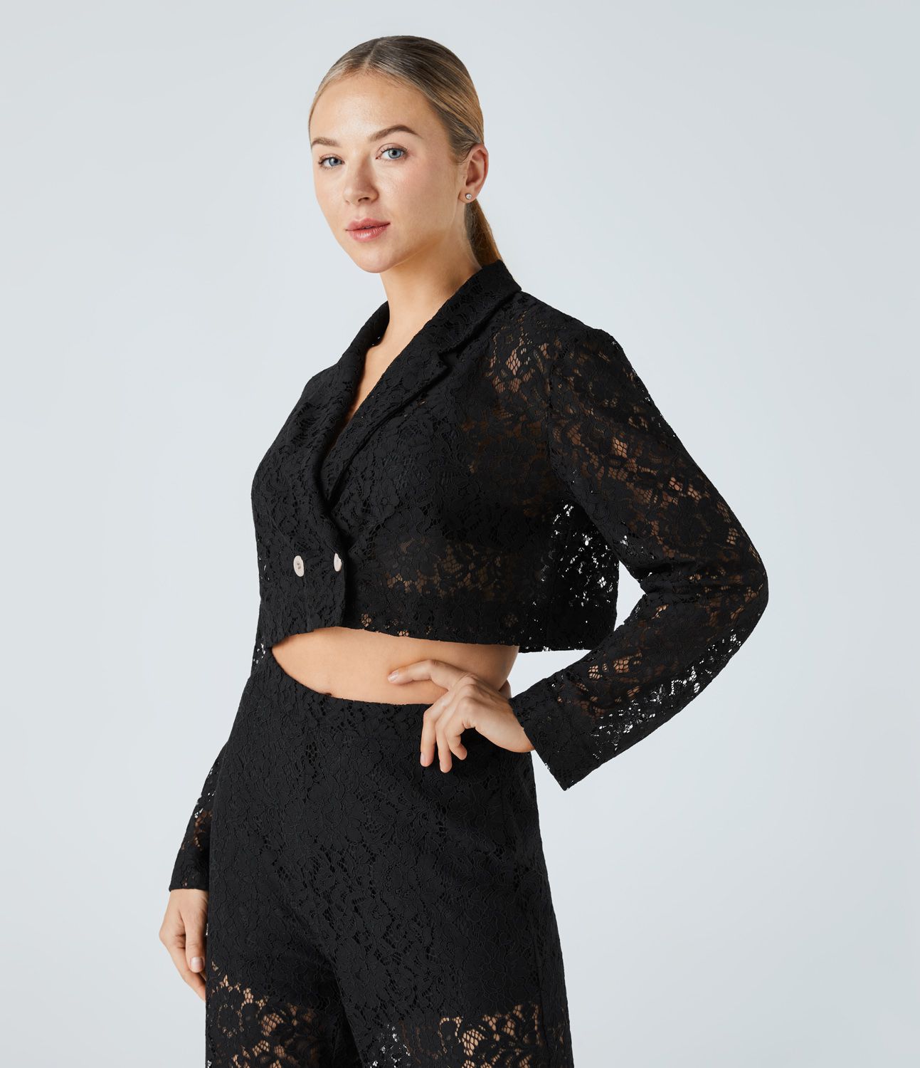 Short-cut transparent lace leisure jacket with lapel collar and two buttons