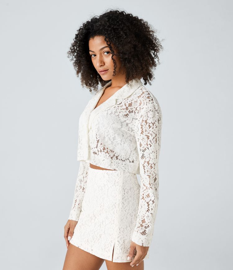 Veste Casual à Col Revers Double Boutonnage Croisée et en Dentelle Transparente