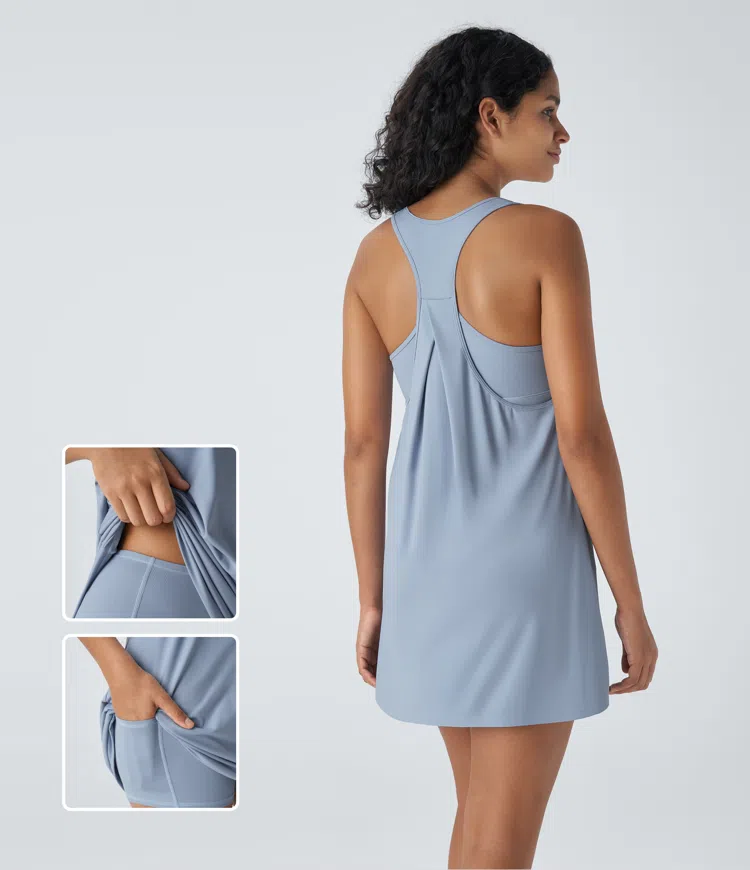 U-Neck Sleeveless Racerback Side Pocket Two-Piece Set Mini Yoga Active Dress