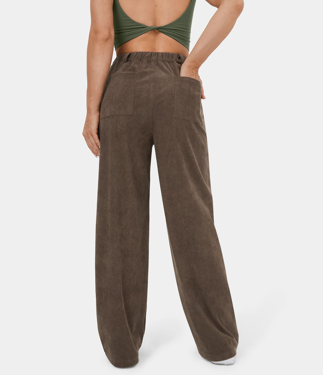 Mid Rise Button Zipper Side Pocket Corduroy Wide Leg Casual Pants