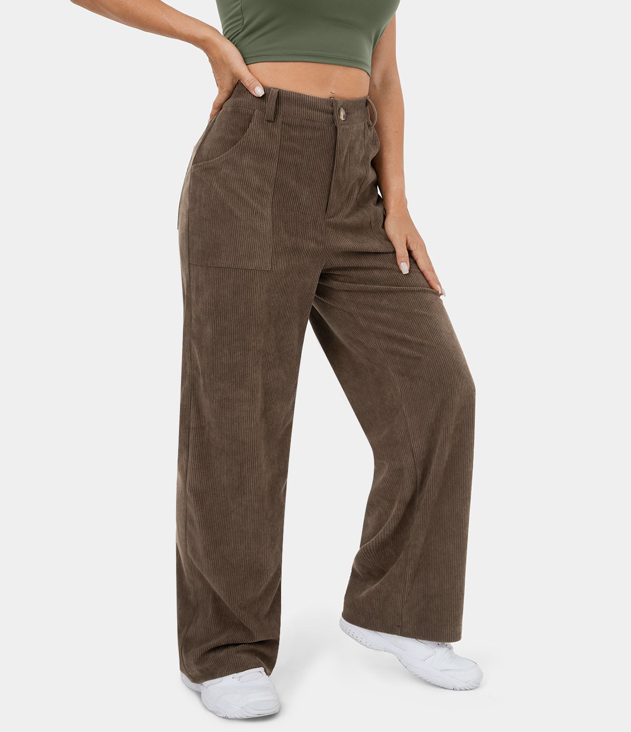Mid Rise Button Zipper Side Pocket Corduroy Wide Leg Casual Pants