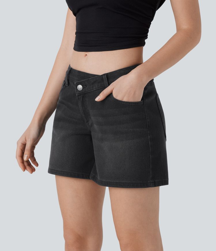 Halara Flex™ Asymmetric Low Rise Pockets Washed Denim Casual Shorts