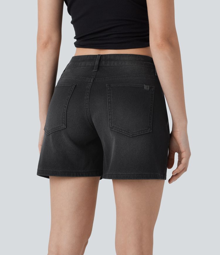Halara Flex™ Asymmetric Low Rise Pockets Washed Denim Casual Shorts