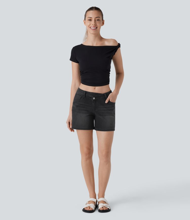Halara Flex™ Asymmetric Low Rise Pockets Washed Denim Casual Shorts