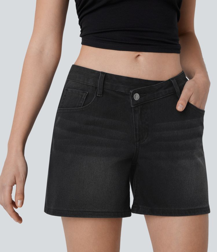 Halara Flex™ Asymmetric Low Rise Pockets Washed Denim Casual Shorts