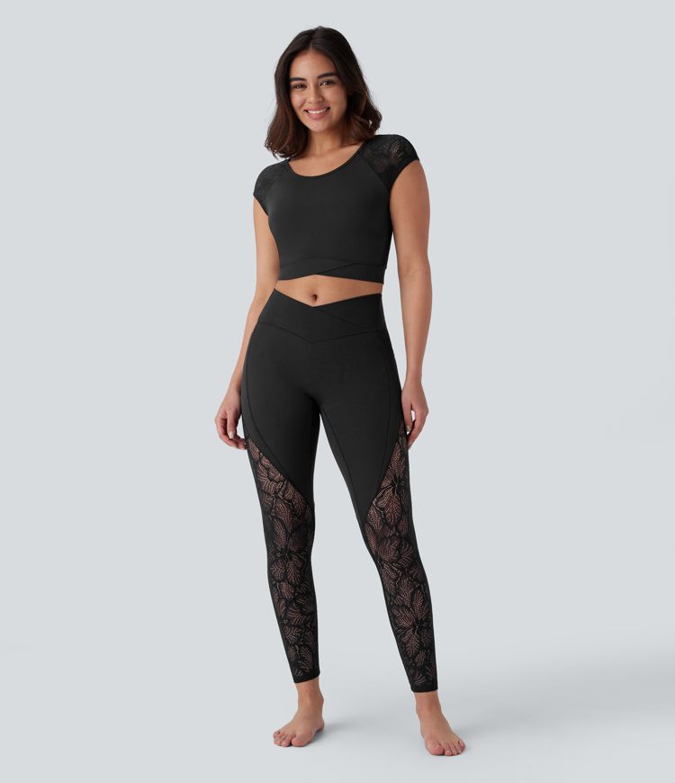 Softlyzero™ Haut de sport de yoga court dos nu avec dentelle contrastée et ourlet croisé-UPF50+