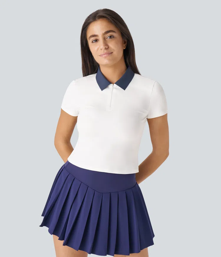 Polo Collar Half Zipper Short Sleeve Tennis Sports Top