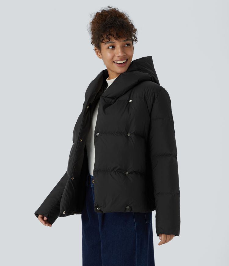 Water Repellent Hooded Side Zipper Pocket Snap Relaxed Casual Puffer Down Jacket