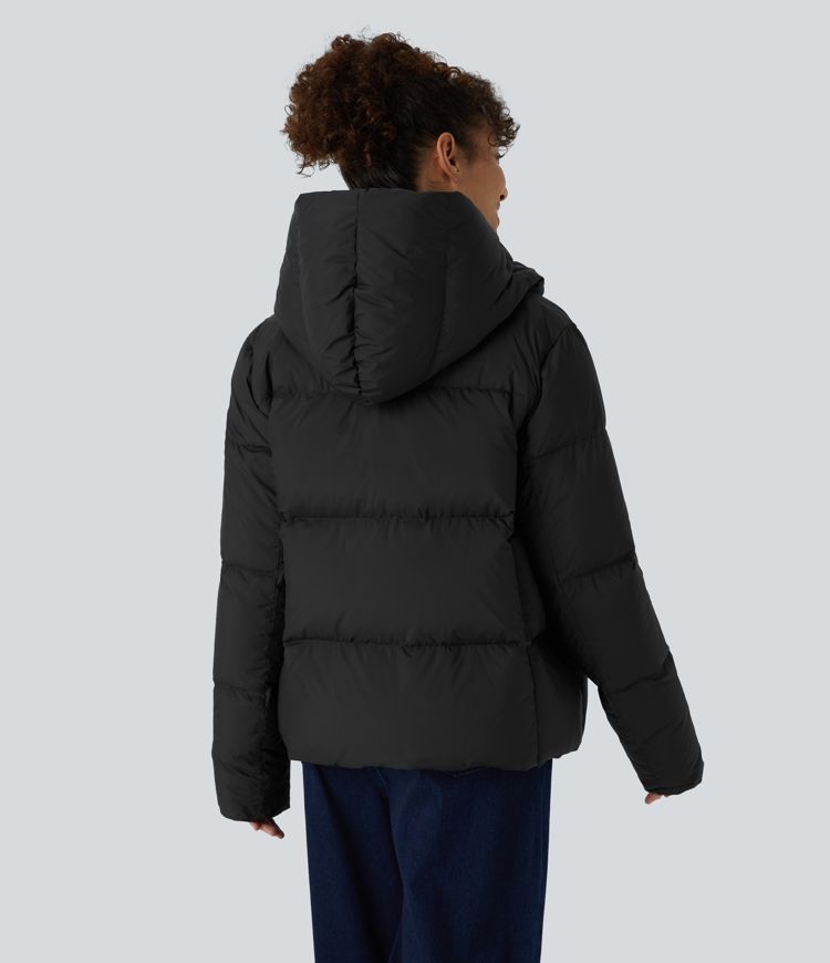 Water Repellent Hooded Side Zipper Pocket Snap Relaxed Casual Puffer Down Jacket