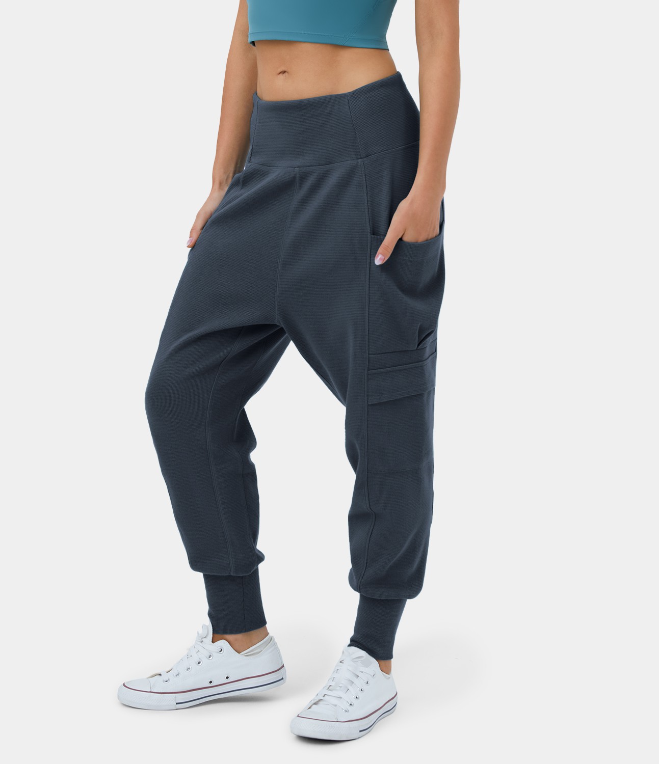 Harems-Tanz-Jogginghose mit mittelhohem Bund, Seitentasche und Waffelmuster