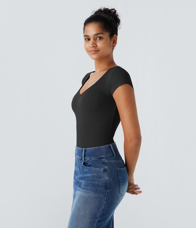 Ribbed V-neck half-sleeve cut-out twist back casual bodysuit