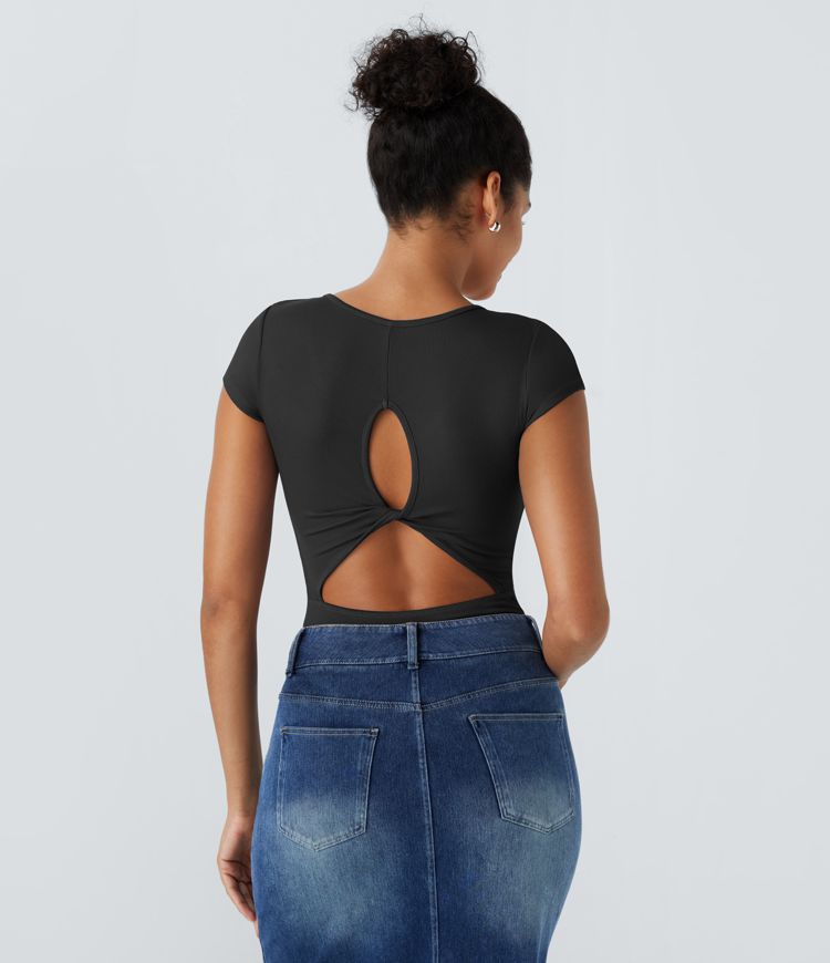Ribbed V-neck half-sleeve cut-out twist back casual bodysuit