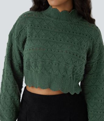 Mock Neck Bishop Sleeve Scallop Hem Open Knit Casual Sweater