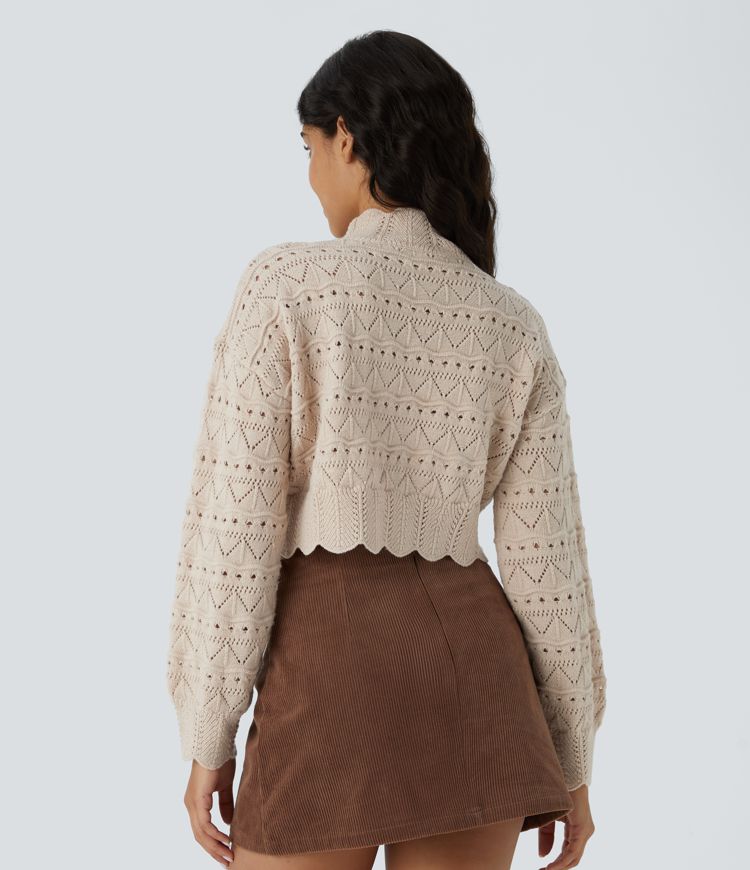 Mock Neck Bishop Sleeve Scallop Hem Open Knit Casual Sweater