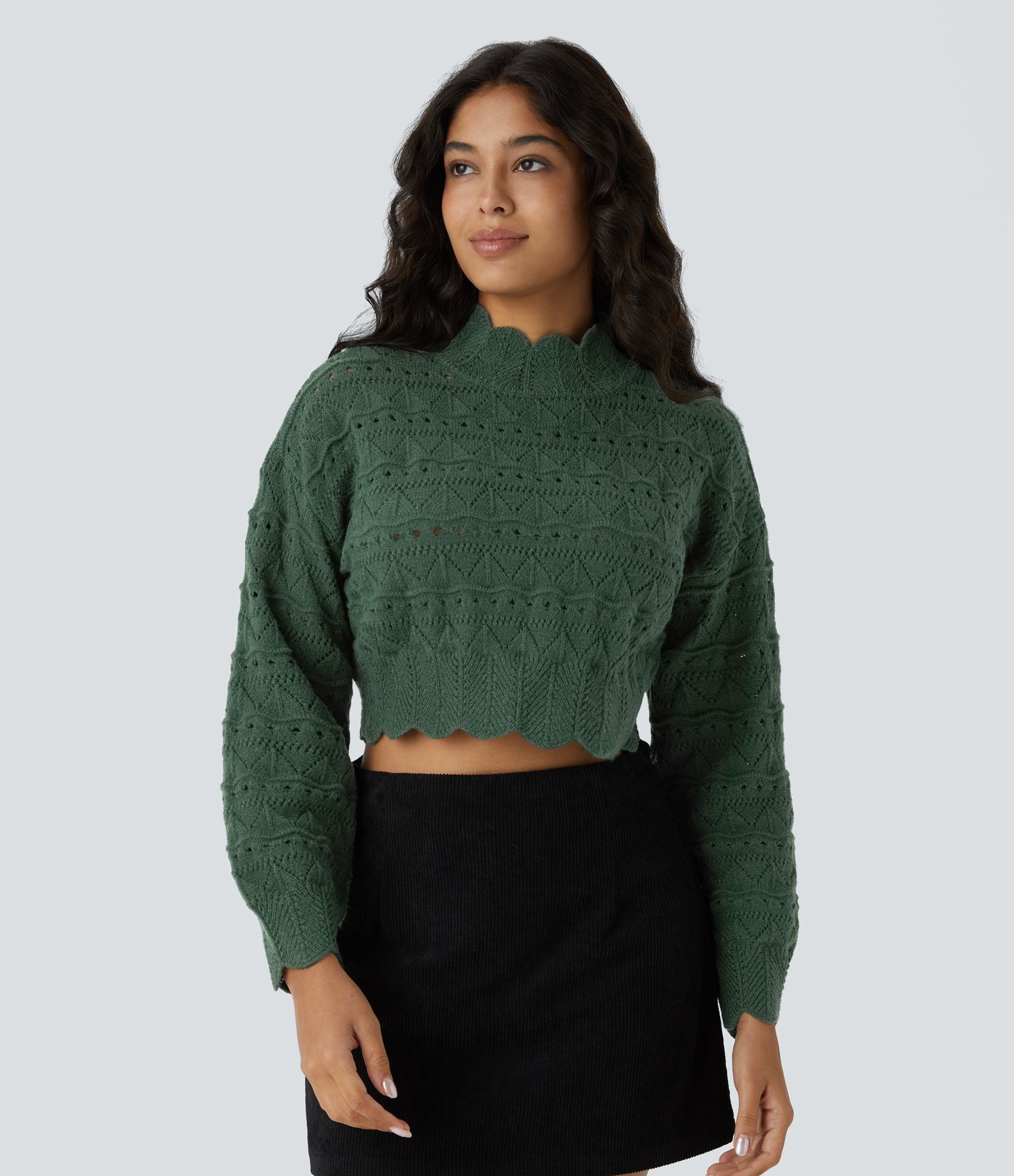 Mock Neck Bishop Sleeve Scallop Hem Open Knit Casual Sweater