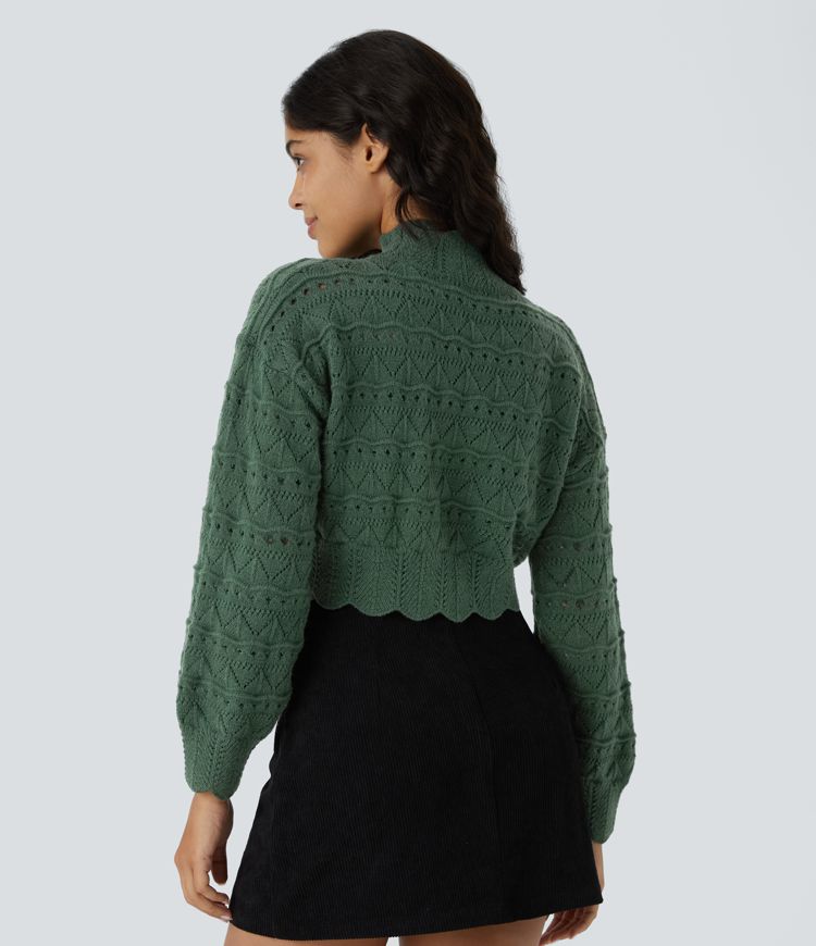 Mock Neck Bishop Sleeve Scallop Hem Open Knit Casual Sweater