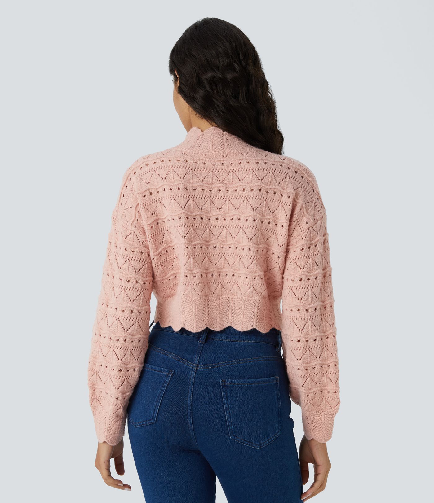 Mock Neck Bishop Sleeve Scallop Hem Open Knit Casual Sweater