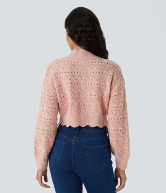 Mock Neck Bishop Sleeve Scallop Hem Open Knit Casual Sweater