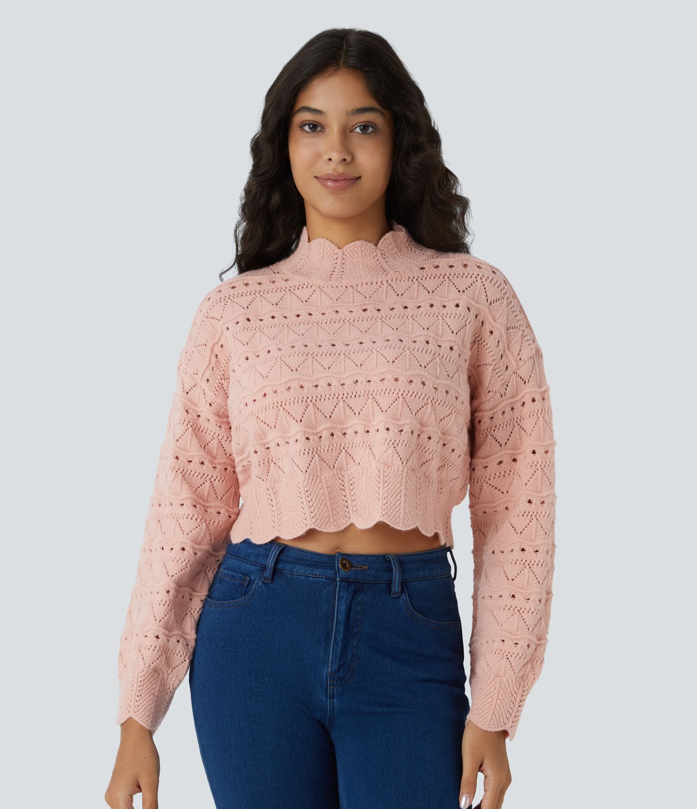 Mock Neck Bishop Sleeve Scallop Hem Open Knit Casual Sweater