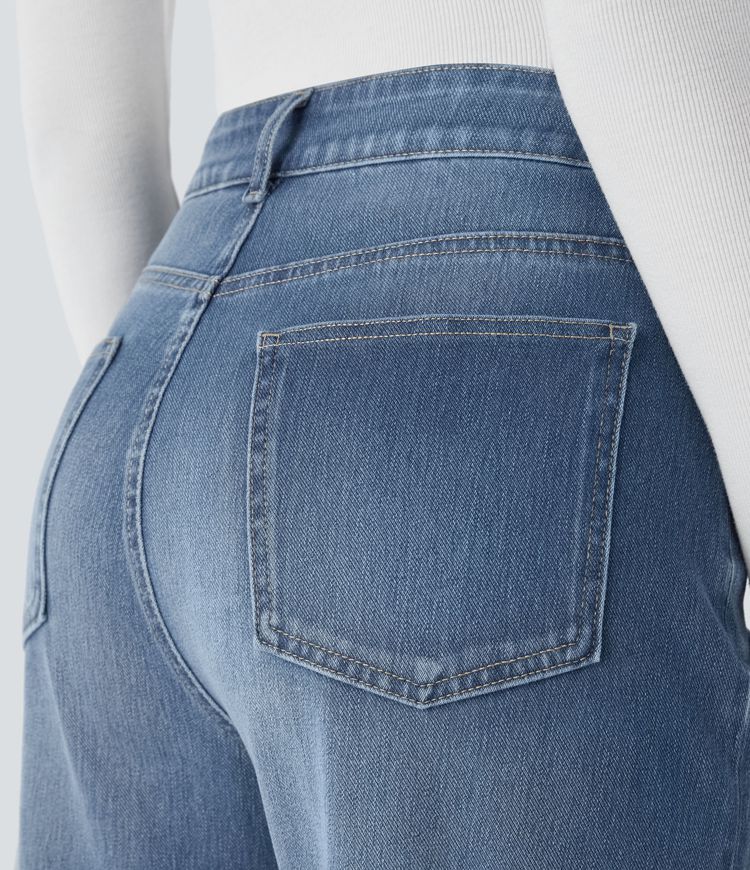 Halara Flex™ High Waisted Pockets Adjustable Hem Wide Leg Washed Casual Jeans