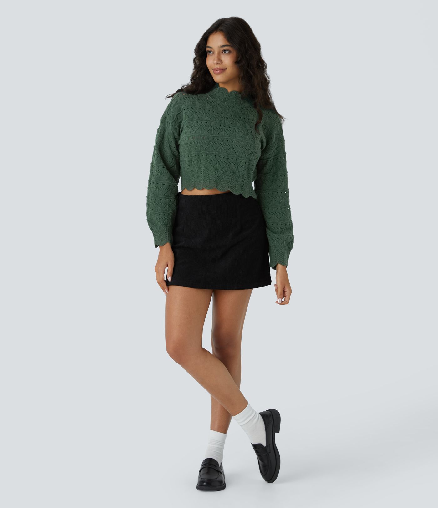 Mock Neck Bishop Sleeve Scallop Hem Open Knit Casual Sweater