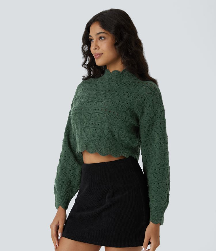 Mock Neck Bishop Sleeve Scallop Hem Open Knit Casual Sweater