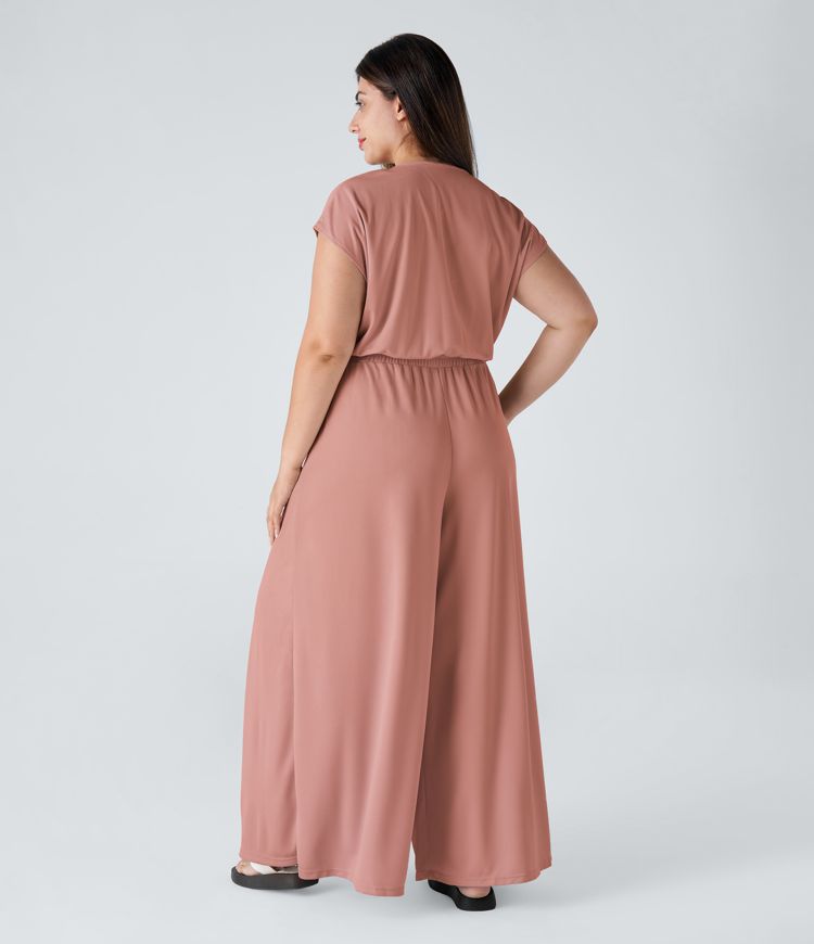 V Neck Short Sleeve Pocket Wide Leg Flowy Waffle Casual Plus Size Jumpsuit