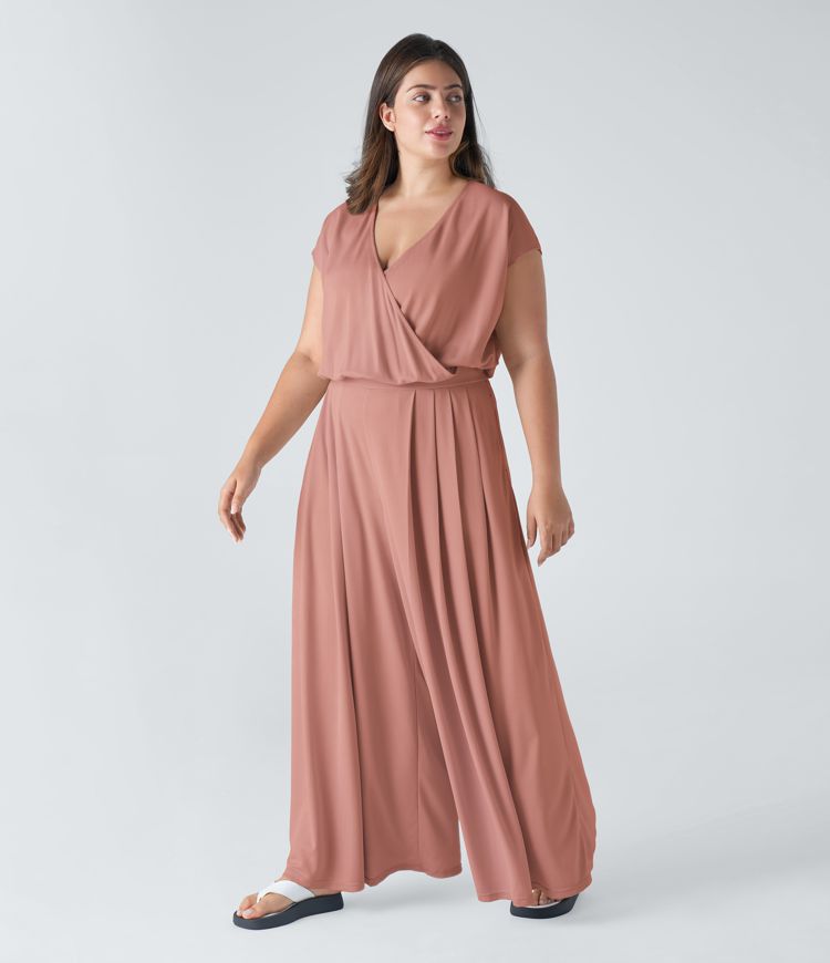 V Neck Short Sleeve Pocket Wide Leg Flowy Waffle Casual Plus Size Jumpsuit