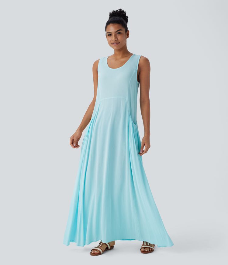 Round Neck Keyhole Pocket Flowy Maxi Casual Tank Dress