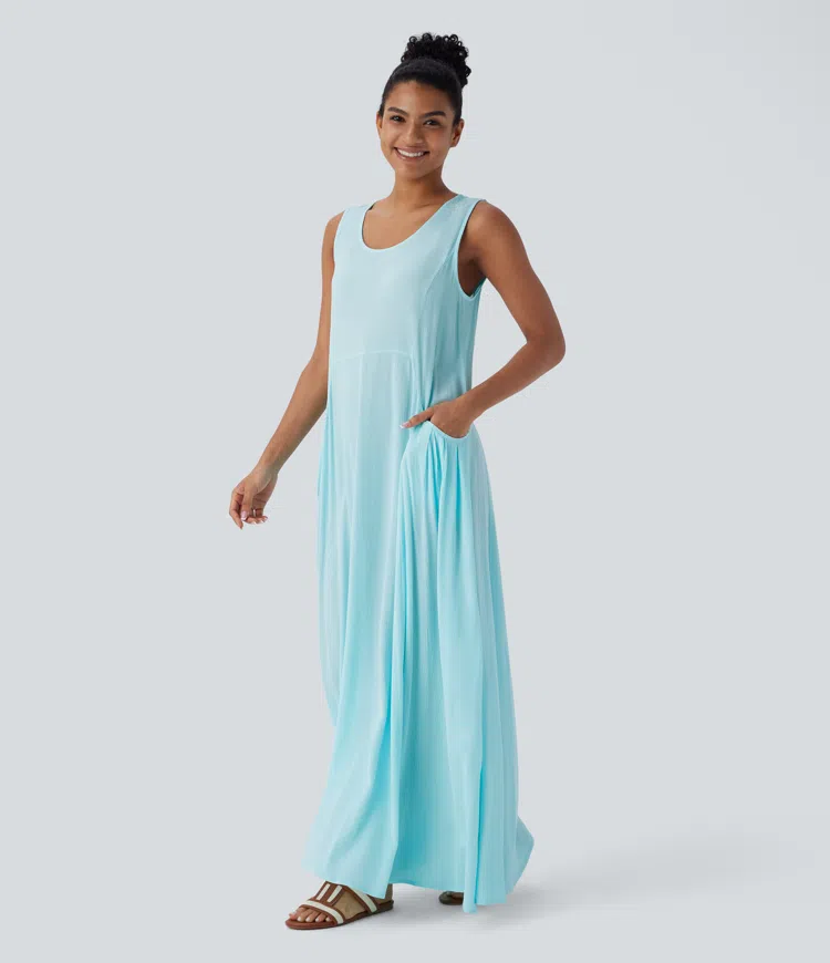 Round Neck Keyhole Pocket Flowy Maxi Casual Tank Dress