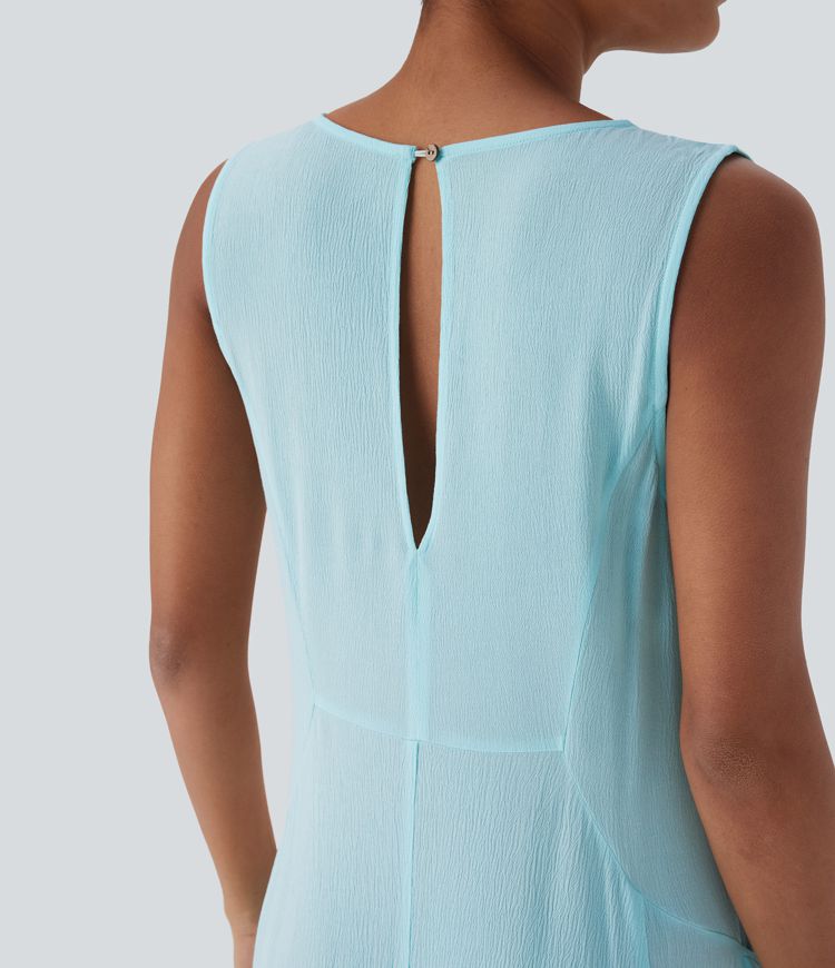 Round Neck Keyhole Pocket Flowy Maxi Casual Tank Dress