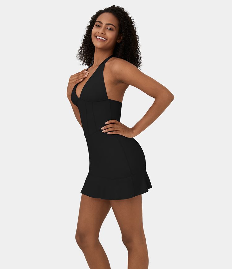 SoftlyZero™ Airy Halter Tie Back Corset Ruffle Hem Mini Cool Touch Casual Dress-UPF50+
