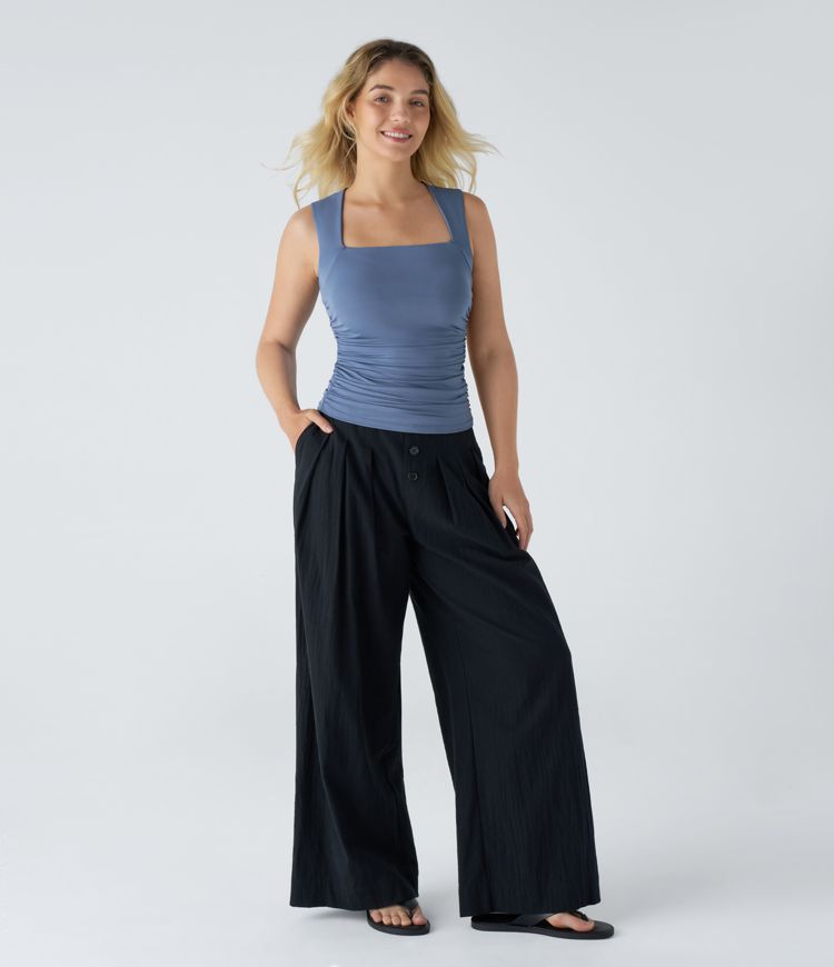 Haut Casual Skinny Ajusté Sans Manches à Col Carré et à Plis