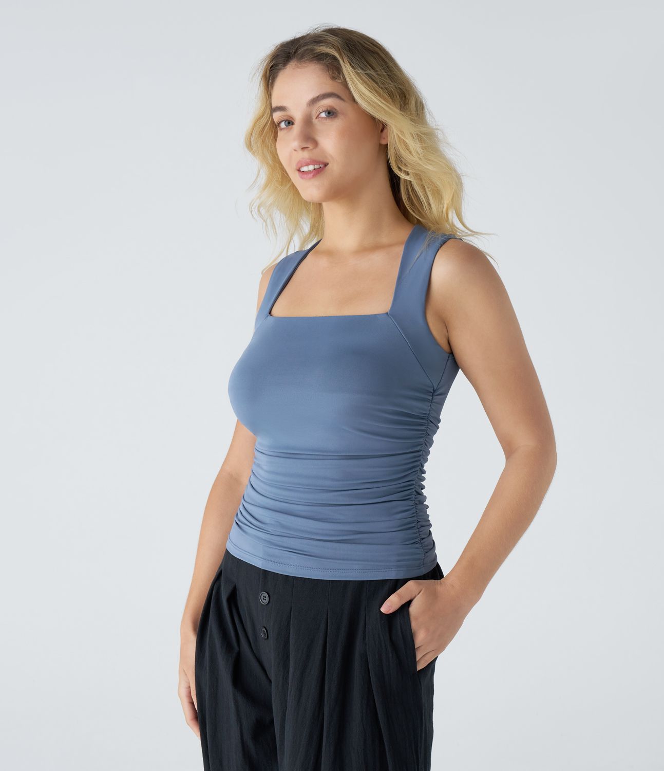 Haut Casual Skinny Ajusté Sans Manches à Col Carré et à Plis