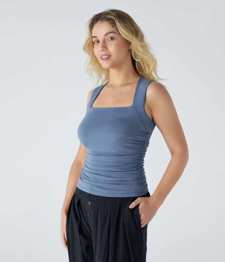 Haut Casual Skinny Ajusté Sans Manches à Col Carré et à Plis