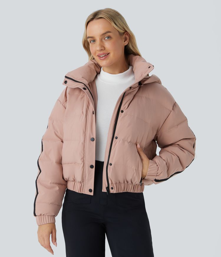Water Repellent Removable Hood Side Zipper Pocket Contrast Tape Relaxed Casual Puffer Down Jacket