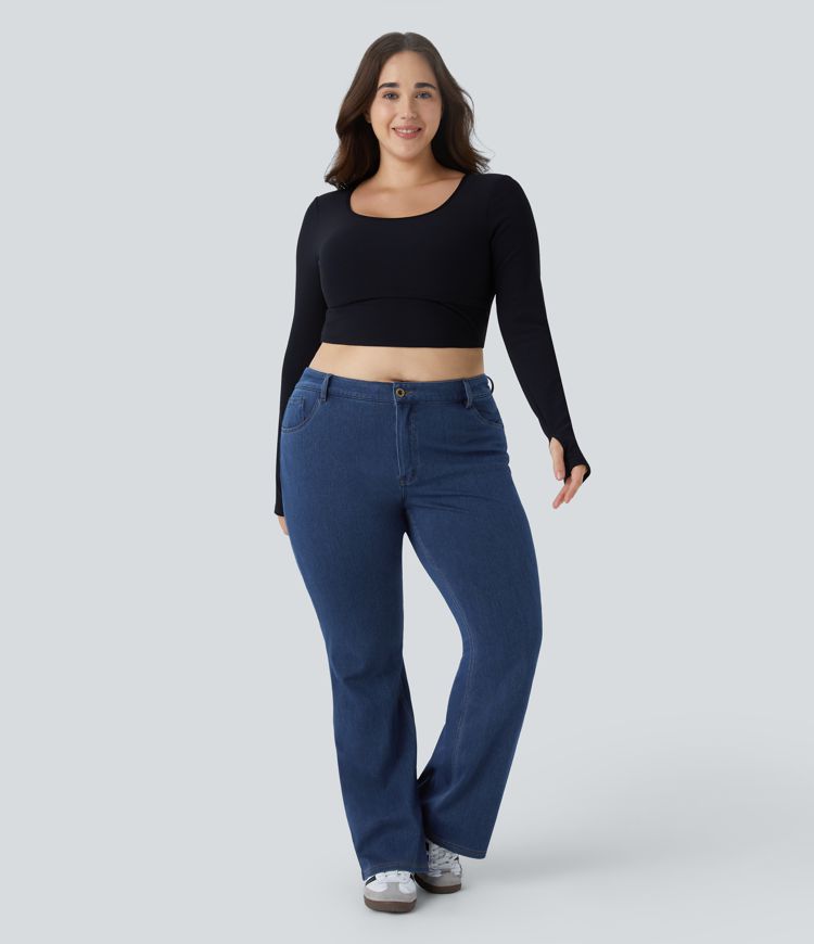 Jeans Halara Flex™ Denim tiro medio bolsillo botón elástico ligeramente acampanado talla grande