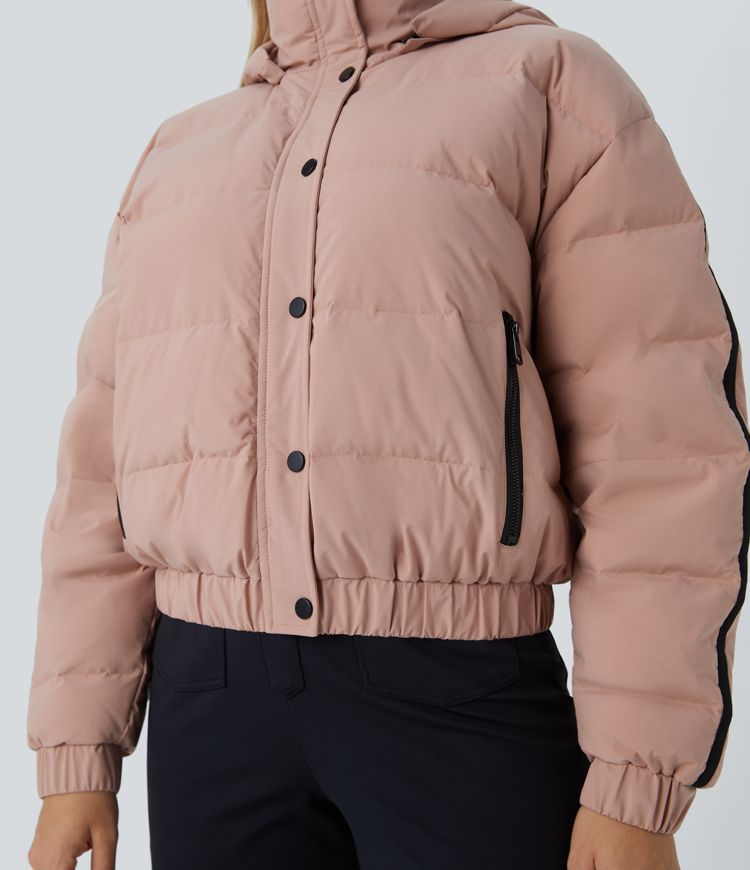 Water Repellent Removable Hood Side Zipper Pocket Contrast Tape Relaxed Casual Puffer Down Jacket