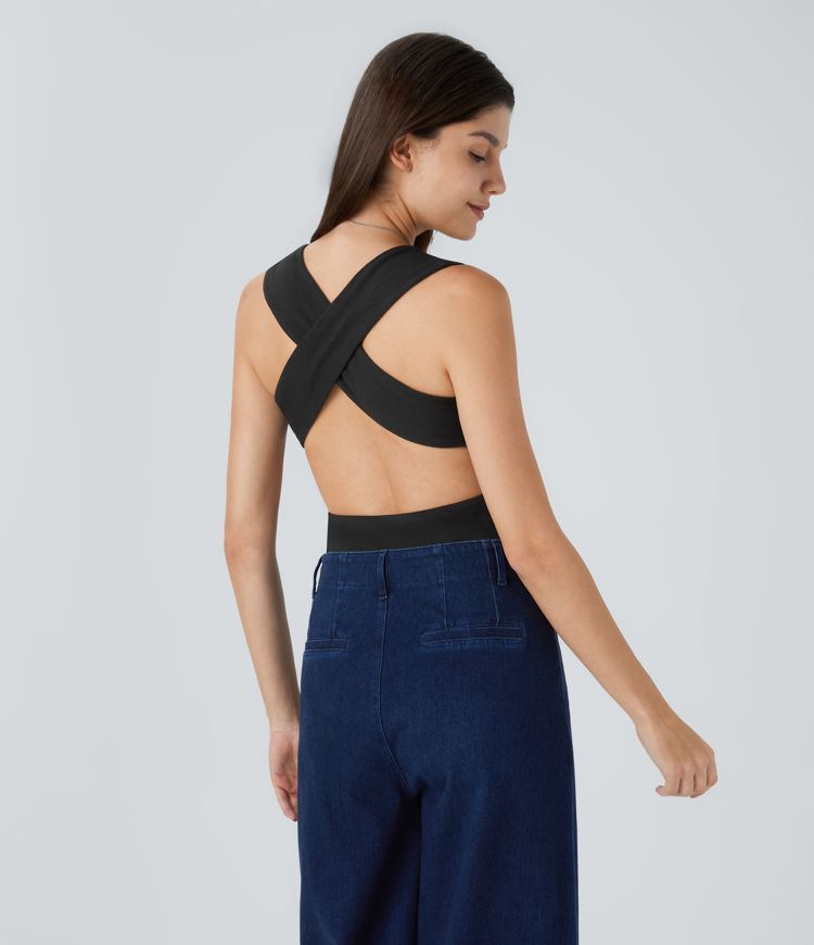 V Neck Backless Crisscross Casual Bodysuit
