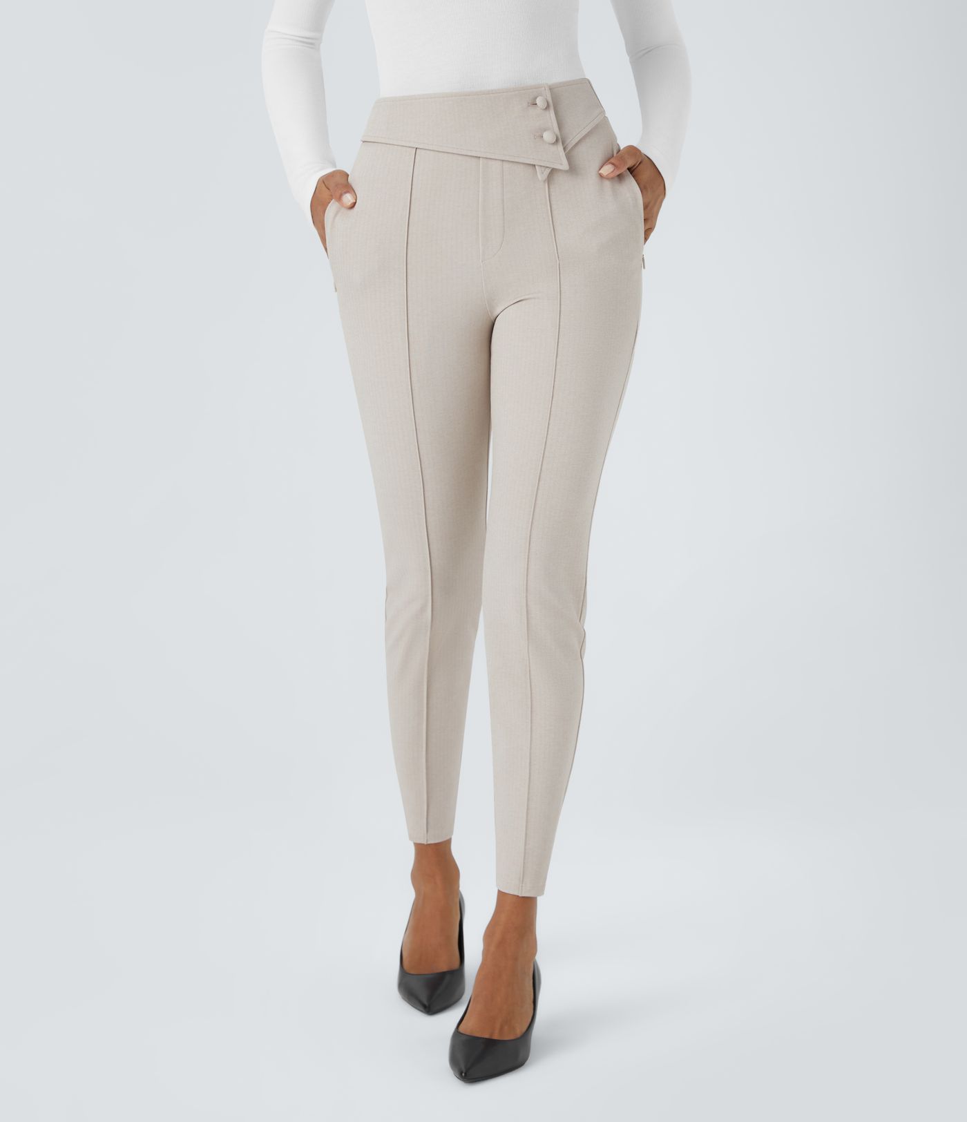 Halara Flex™ work leggings with a high-rise waistband, zippered side pockets, and a herringbone pattern