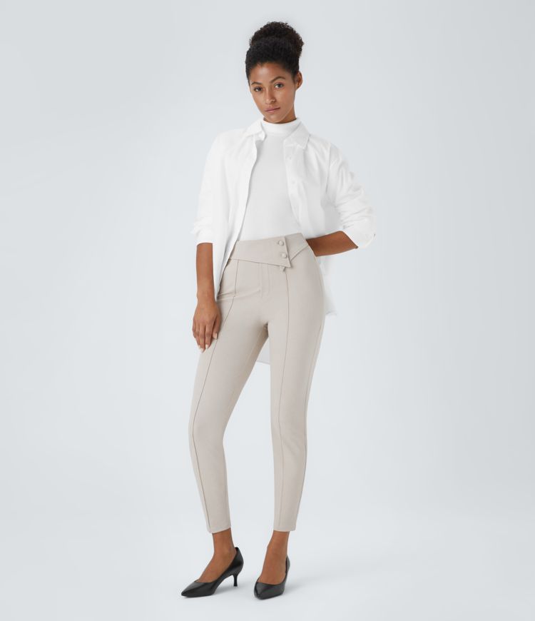 Halara Flex™ work leggings with a high-rise waistband, zippered side pockets, and a herringbone pattern