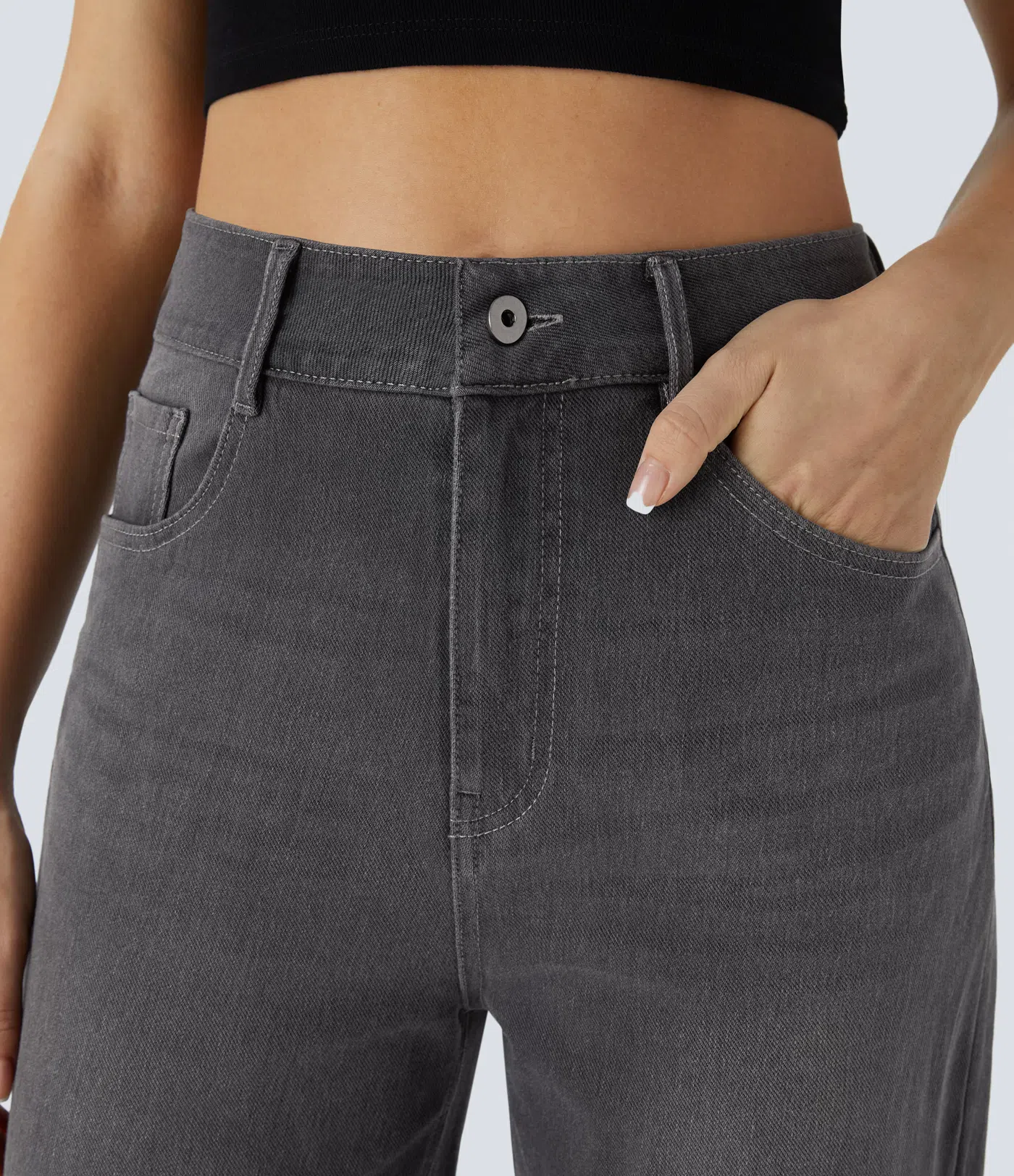 Halara Flex™ High Waisted Multiple Pockets Rolled Hem Wide Leg Washed Stretchy Knit Casual Jeans