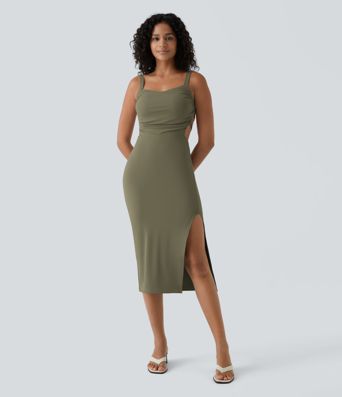 Ruched Lace Up Bodycon Midi Casual Dress