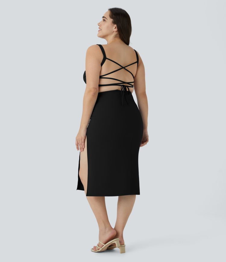 Robe Midi Casual Plissée Dos Nu Croisée Fendue Laqué Grande Taille