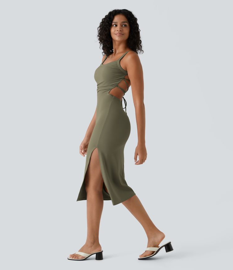 Ruched Lace Up Bodycon Midi Casual Dress