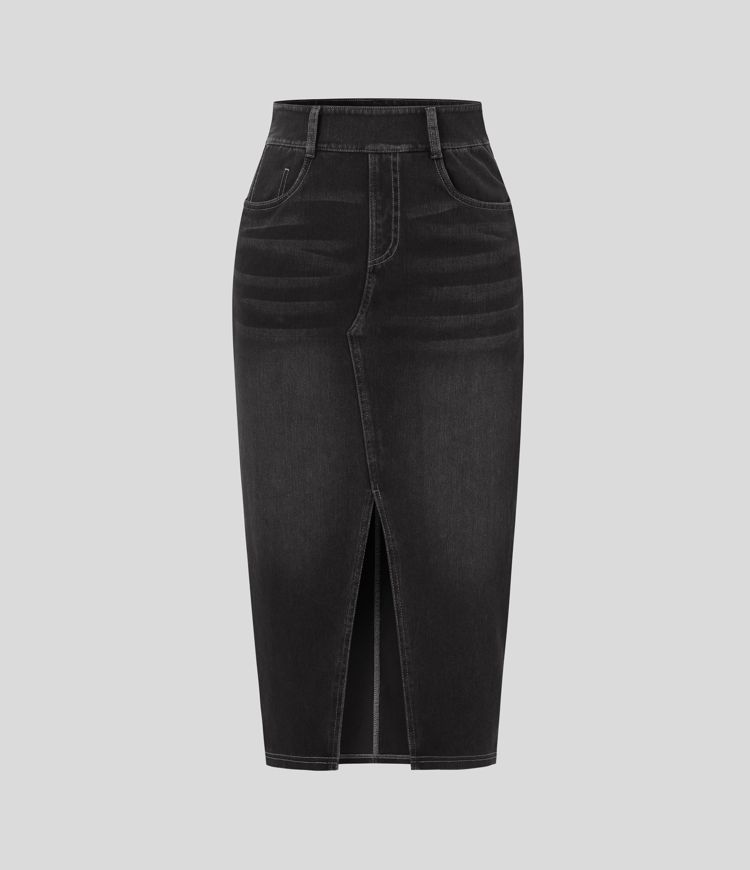 Halara Flex™ midi sukně z praného džínového materiálu s vysokým pasem a kapsami, volnočasový střih