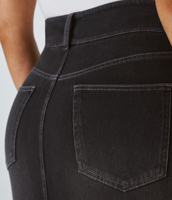 Halara Flex™ midi sukně z praného džínového materiálu s vysokým pasem a kapsami, volnočasový střih