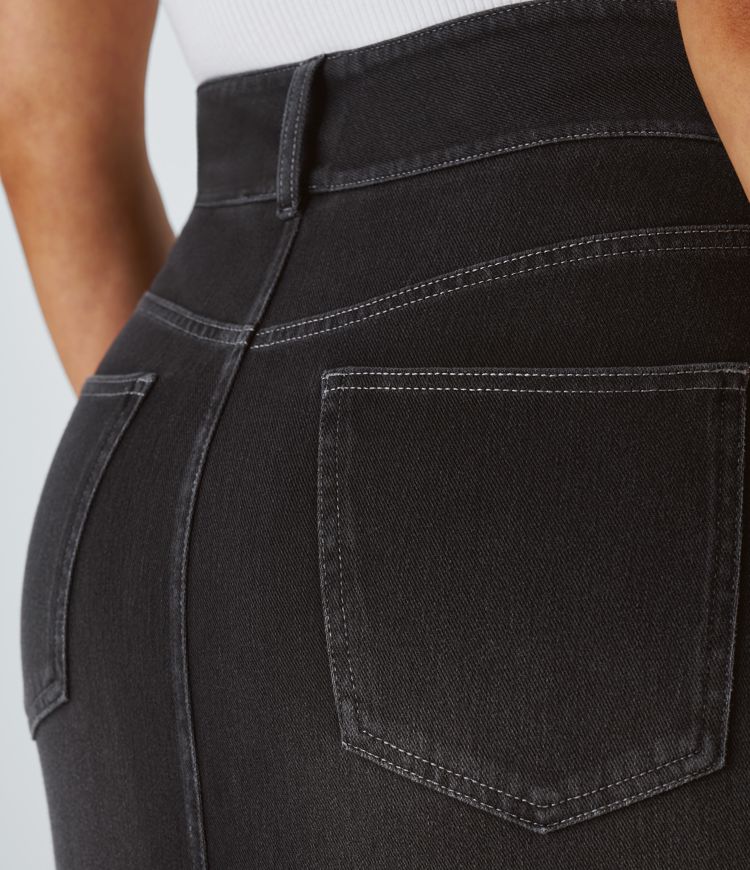 Halara Flex™ midi sukně z praného džínového materiálu s vysokým pasem a kapsami, volnočasový střih