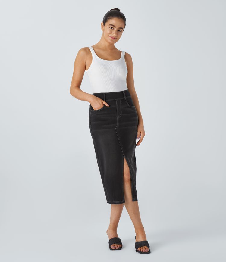 Halara Flex™ midi sukně z praného džínového materiálu s vysokým pasem a kapsami, volnočasový střih