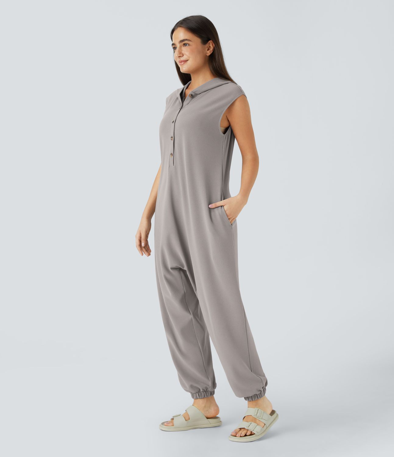 Hooded front button sleeveless side pocket waffle casual jumpsuit